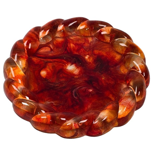 Handmade Other - Handmade Resin Round Tray 5.25" Braided Rim Fiery Red–Orange Marble Swirl Decor